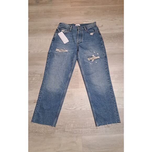 Revolve Boyish Tommy High-Rise Straight Distressed Jeans Button Fly 27 Raw Hem - Picture 4 of 9